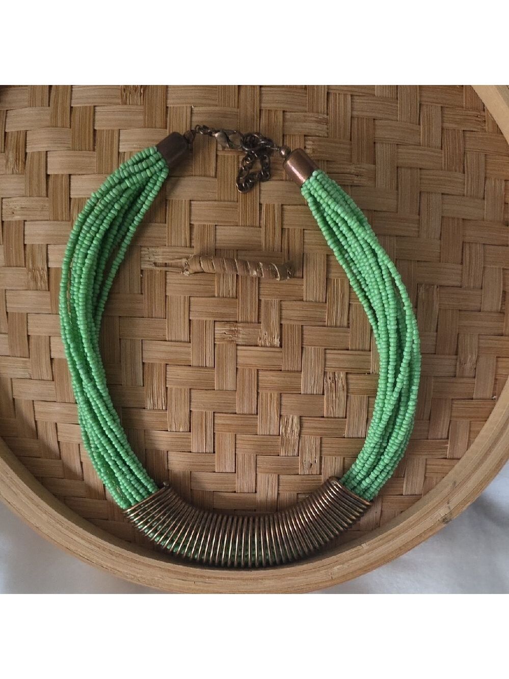 Vintagr Green Beaded Necklace with Copper-Tone Details